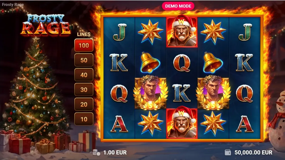 Cenário festivo e gélido do slot Frosty Rage com elementos de gladiadores e Natal