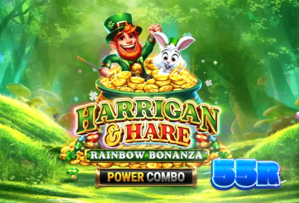 Cenário vibrante de colinas irlandesas com elementos mágicos do slot Harrigan & Hare Rainbow Bonanza Power Combo
